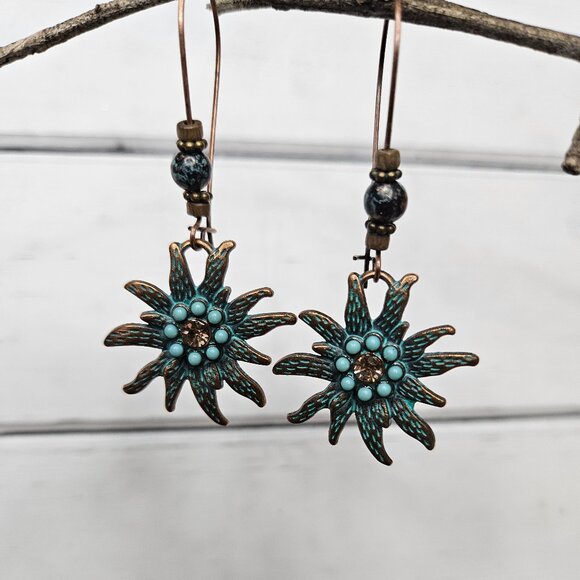 Artesian Antiqued Brass Flower Dangle Earrings - Picture 1 of 4